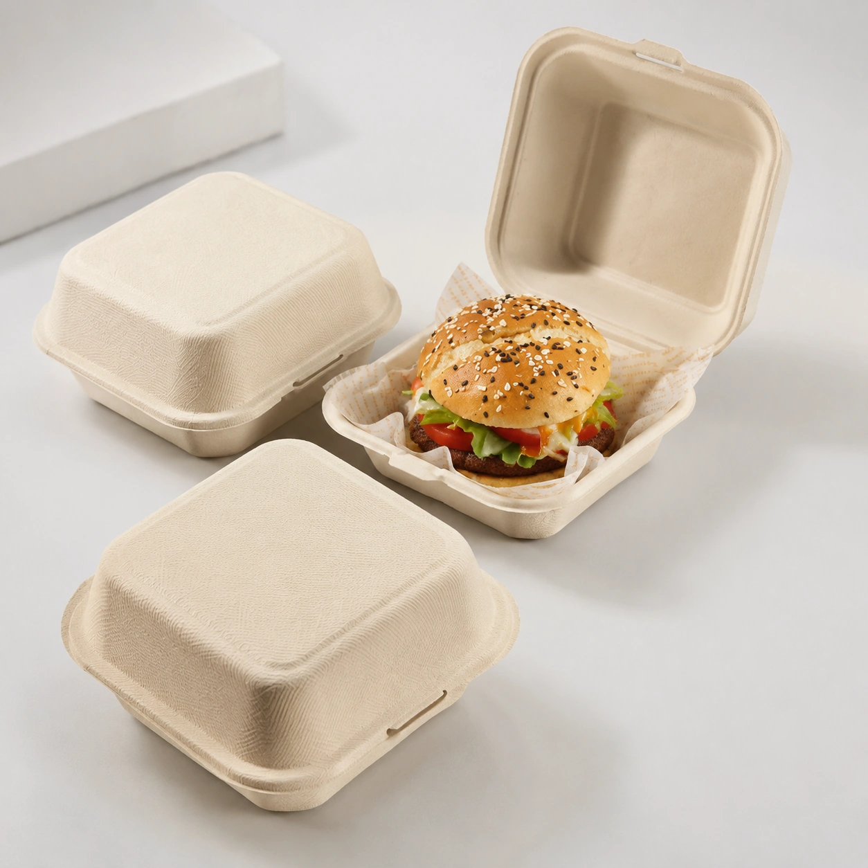 Bagasse Hamburger Box for Compostable Burger Takeaway Packaging