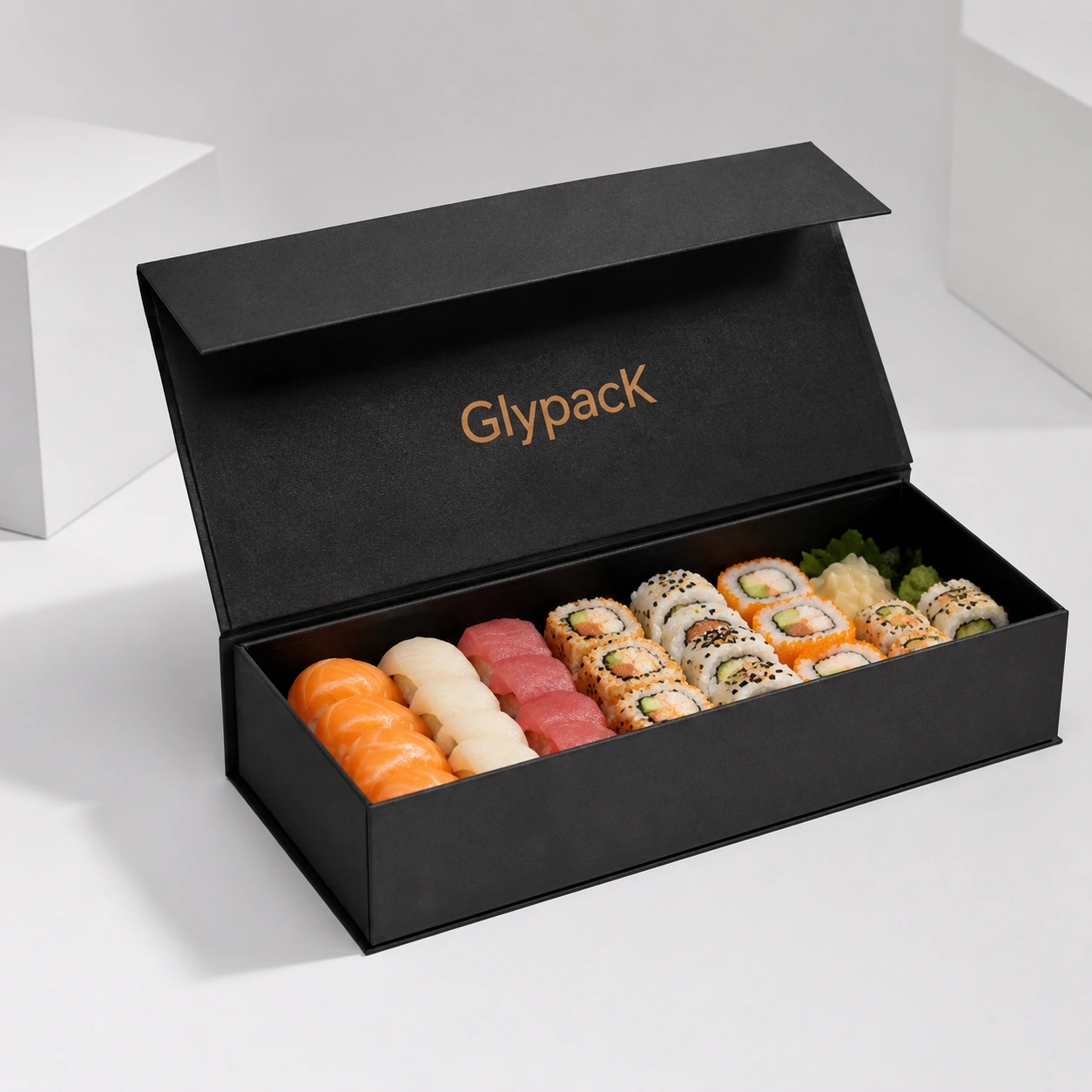 Custom Logo Bespoke Flap Lid Cardboard Sushi Packaging Box Custom Black Magnetic Closure Foldable Stackable Gift Boxes Sushi Togo Box