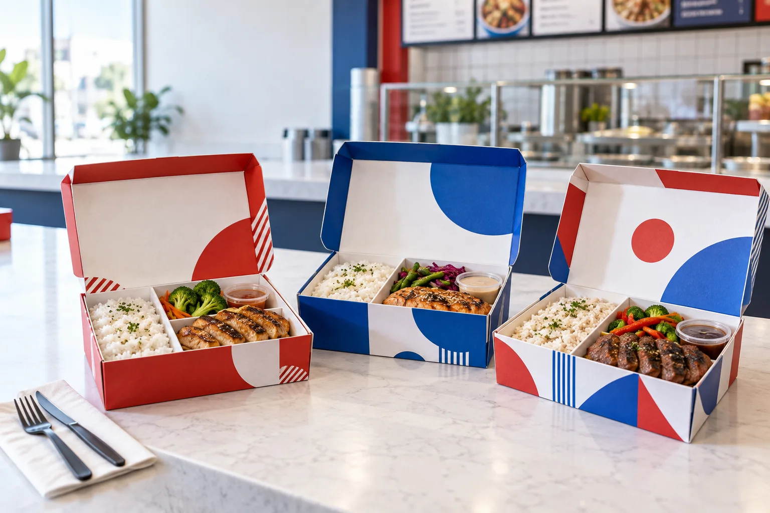 Red blue and white compartment takeaway boxes filled with complete meals