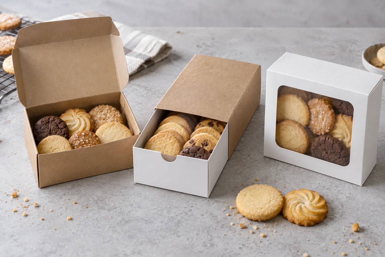 Custom cookie packaging boxes arranged for buyer comparison