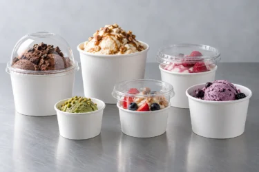 Custom ice cream cups with lids in three own-mould sizes for buyer comparison