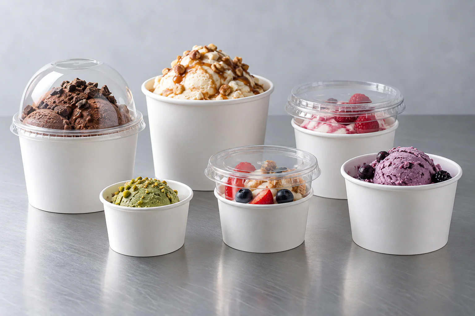 Custom ice cream cups with lids in several sizes for frozen dessert packaging
