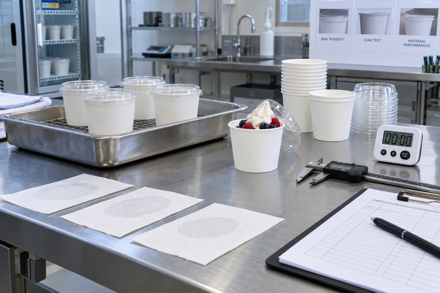 Quality-control bench prepared to compare ice cream cup condensation and packaging performance