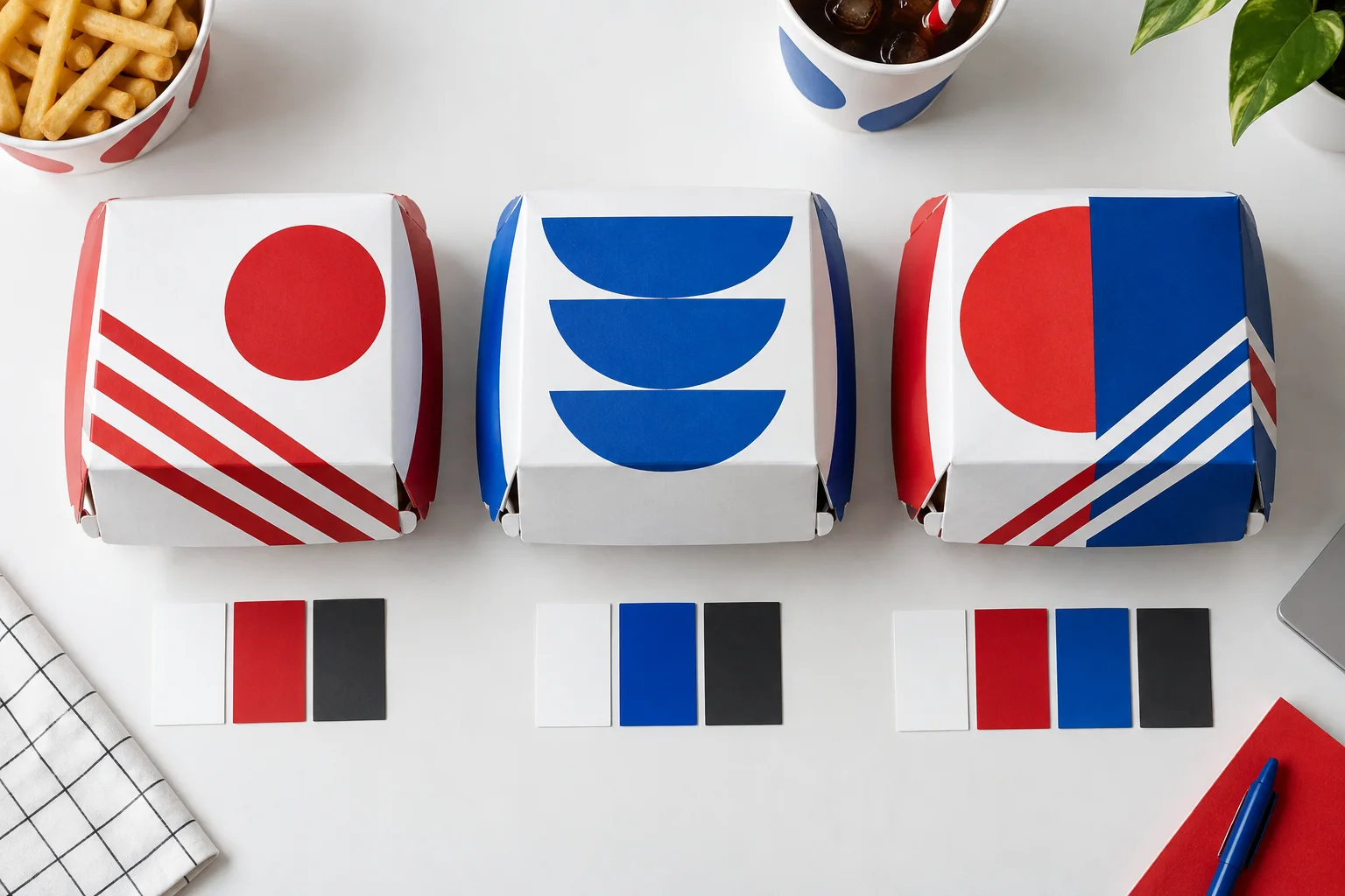 Red blue and white custom burger box colour system with swatches