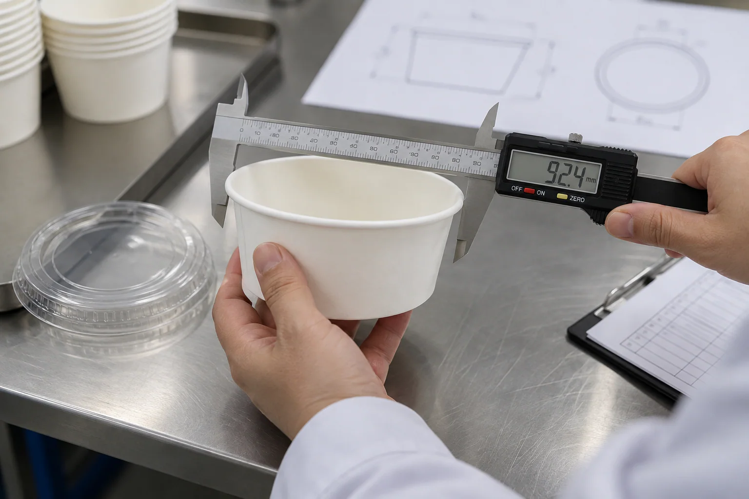 Technician measuring paper ice cream bowl dimensions before a condensation test