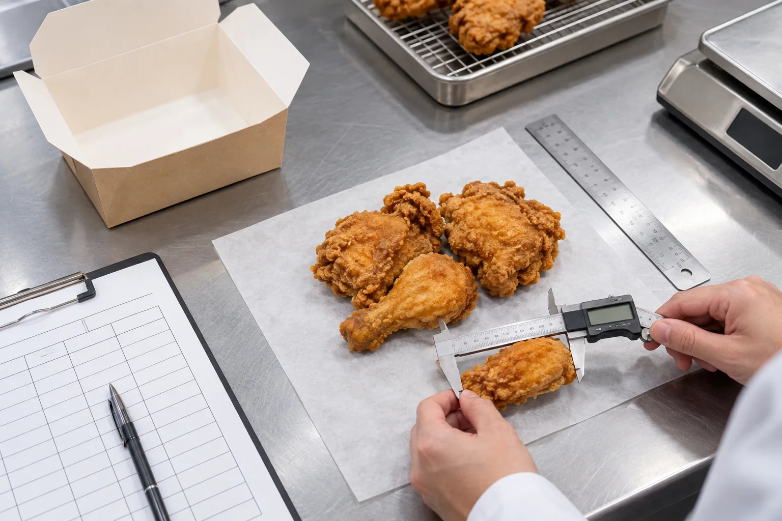 Measuring fried chicken portion footprint and height for box sizing