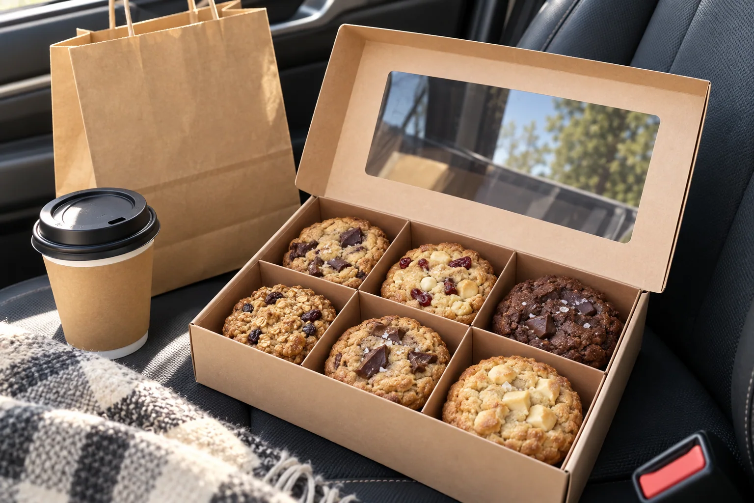 Six-cell cookie box with paper dividers in a local delivery setting