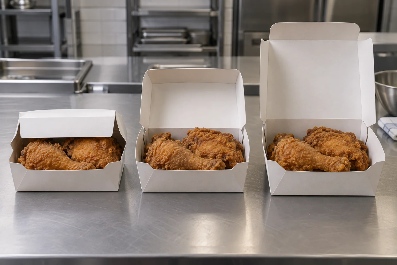 Fried chicken box headspace comparison from compressed to excessive
