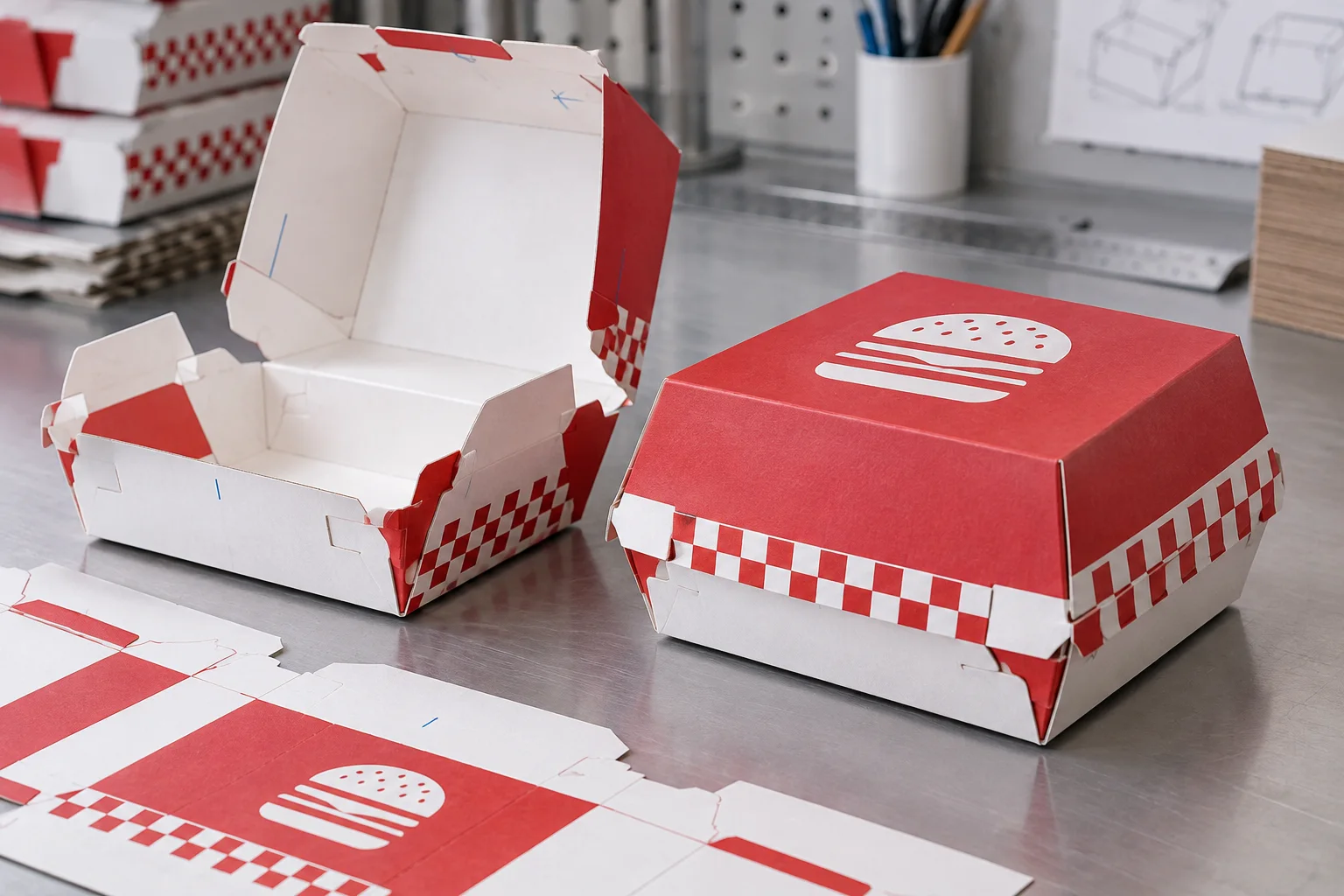 Red printed burger box locking tabs crease lines and folded structure