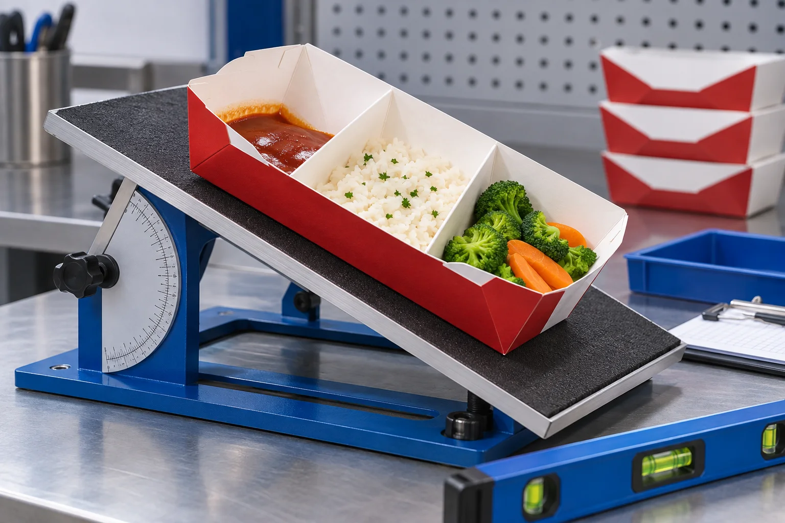 Tilt test for sauce migration in a red compartment paper food box