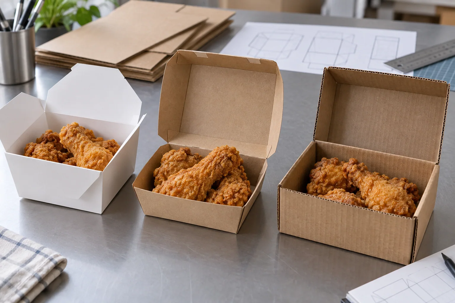Folding carton clamshell and corrugated fried chicken box structures