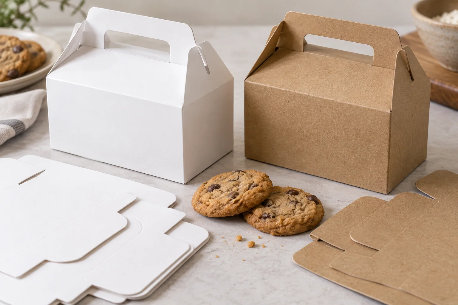White coated paperboard and natural kraft surfaces for cookie boxes