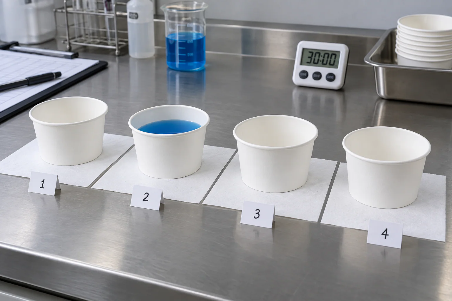 Paper ice cream bowls on indicator sheets for a controlled condensation comparison
