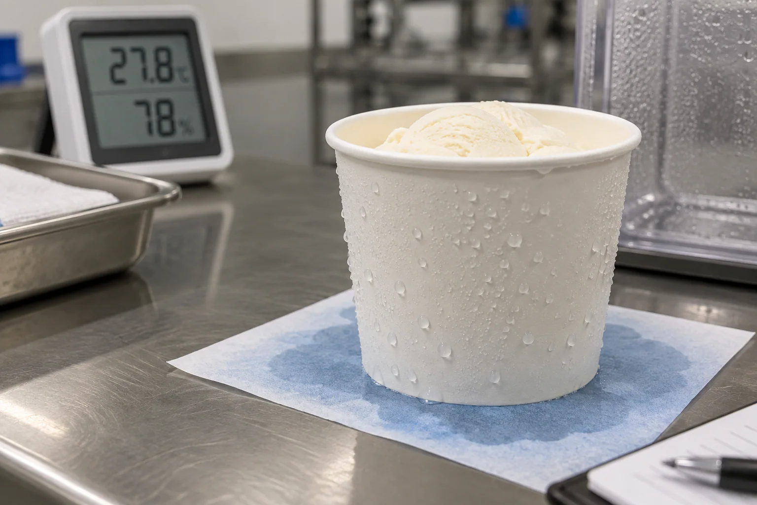 Ice cream cup condensation forming on a cold paper dessert cup during a warm-room test
