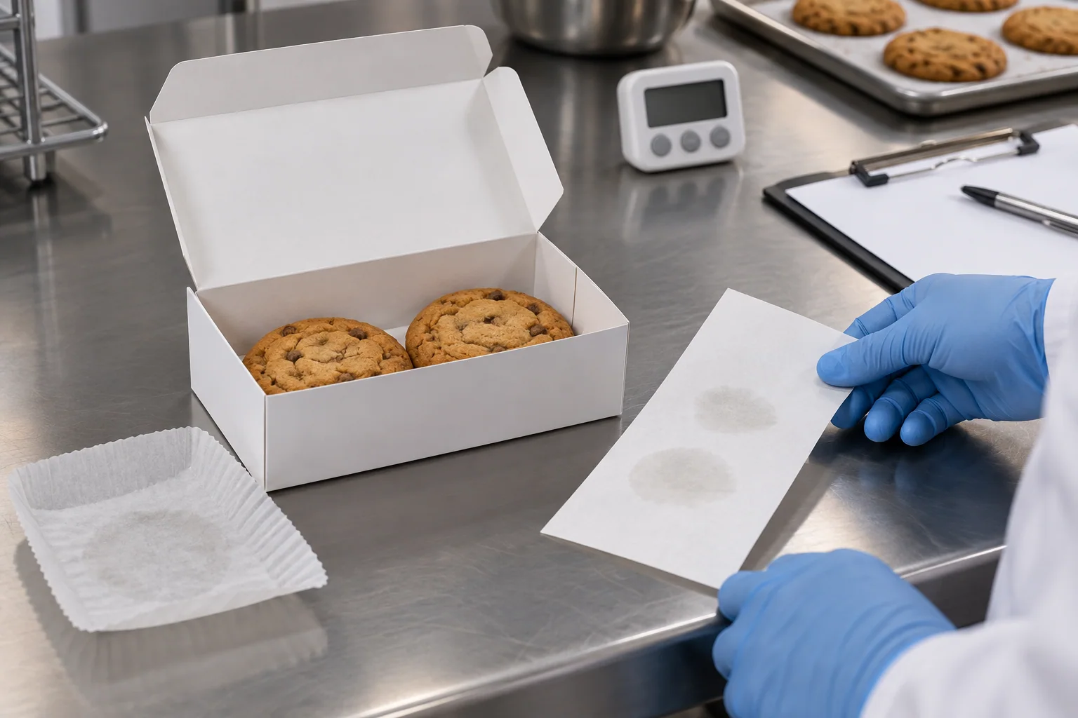 Grease mark test for butter-rich cookies in paper packaging
