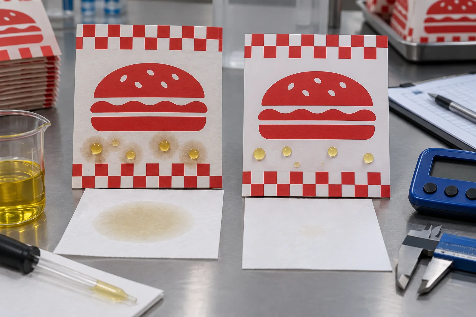 Burger packaging grease control test on printed paperboard samples