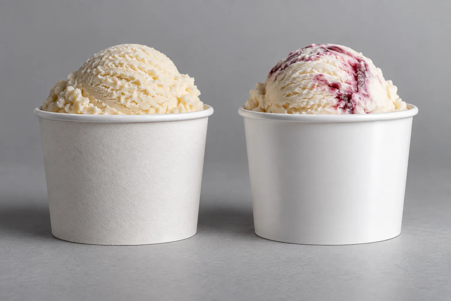 Matte uncoated and brighter coated white paperboard finish comparison for ice cream cups