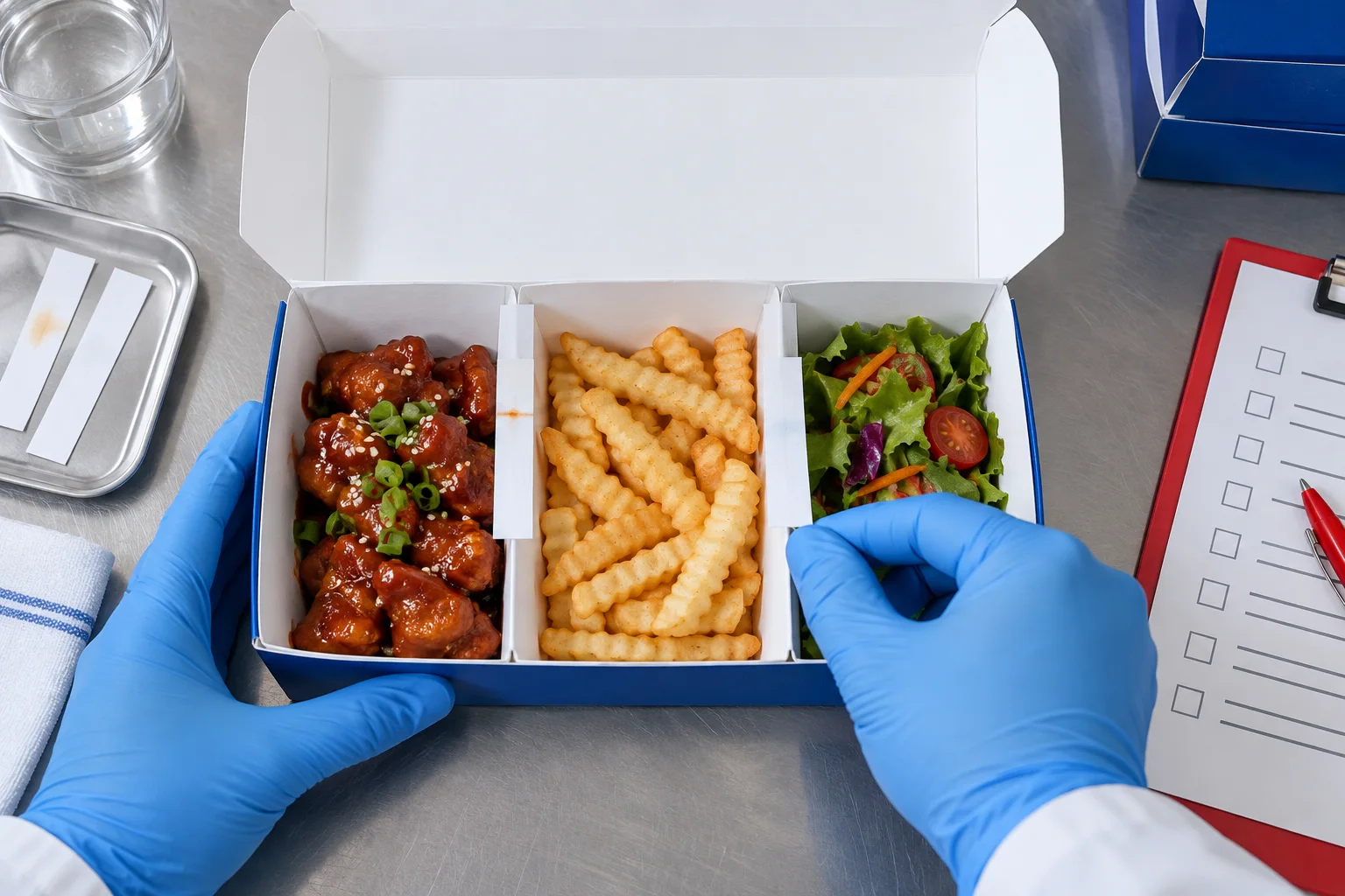 Wet and dry food separation test in a blue compartment takeaway box
