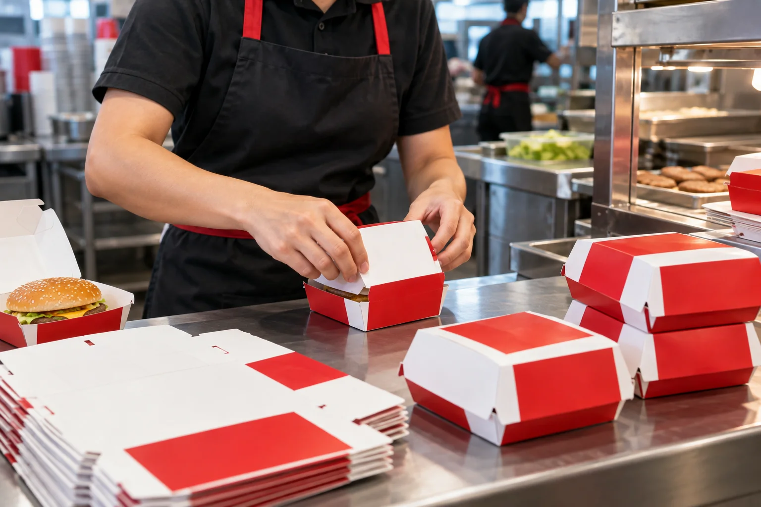 Fast food staff folding and packing red custom burger boxes