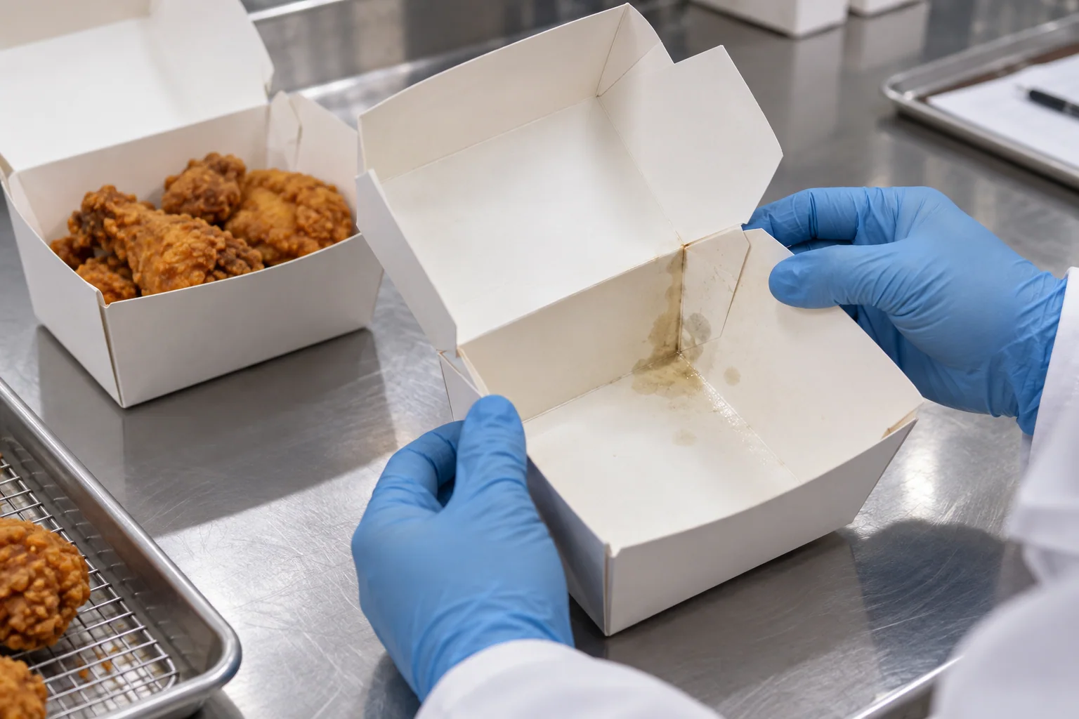 Inspecting coating folds and corner leak paths in a fried chicken box