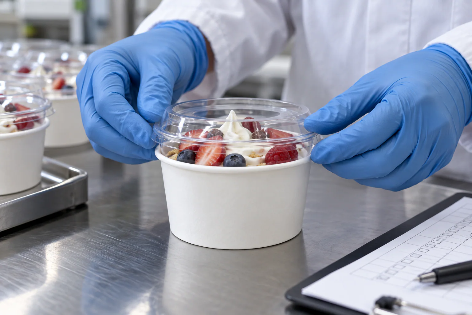 Transparent lid fit check on a filled paper bowl during ice cream cup condensation evaluation