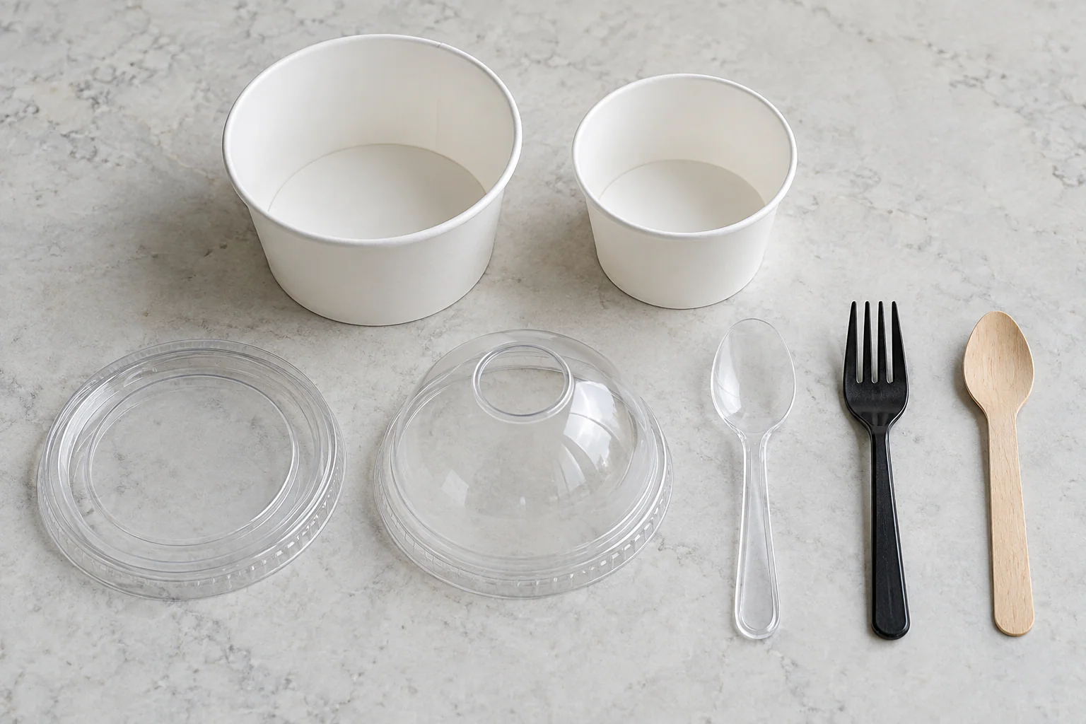 Flat lid dome lid transparent spoon black fork and wooden spoon for ice cream packaging