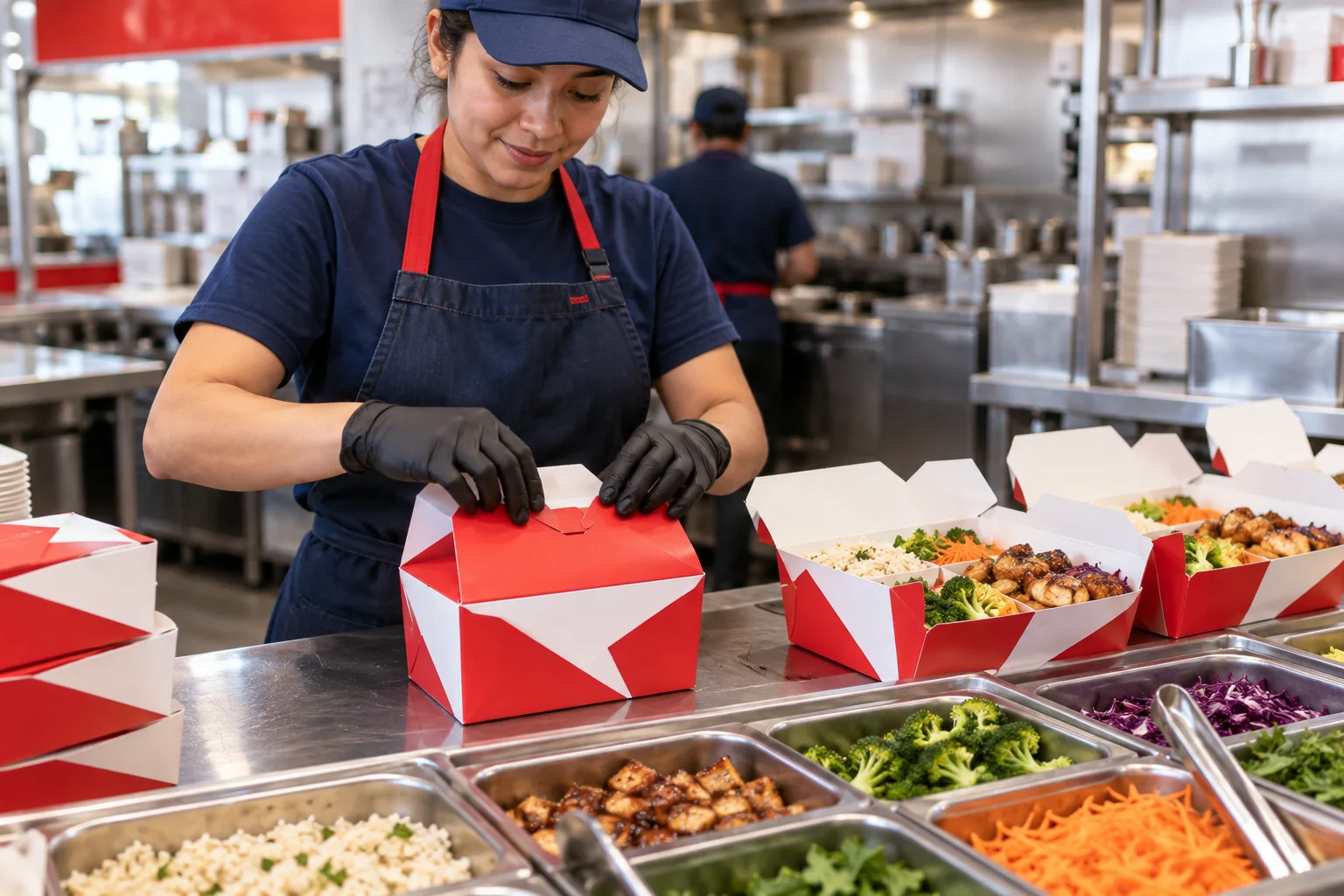Restaurant staff filling red compartment takeaway boxes on a packing line