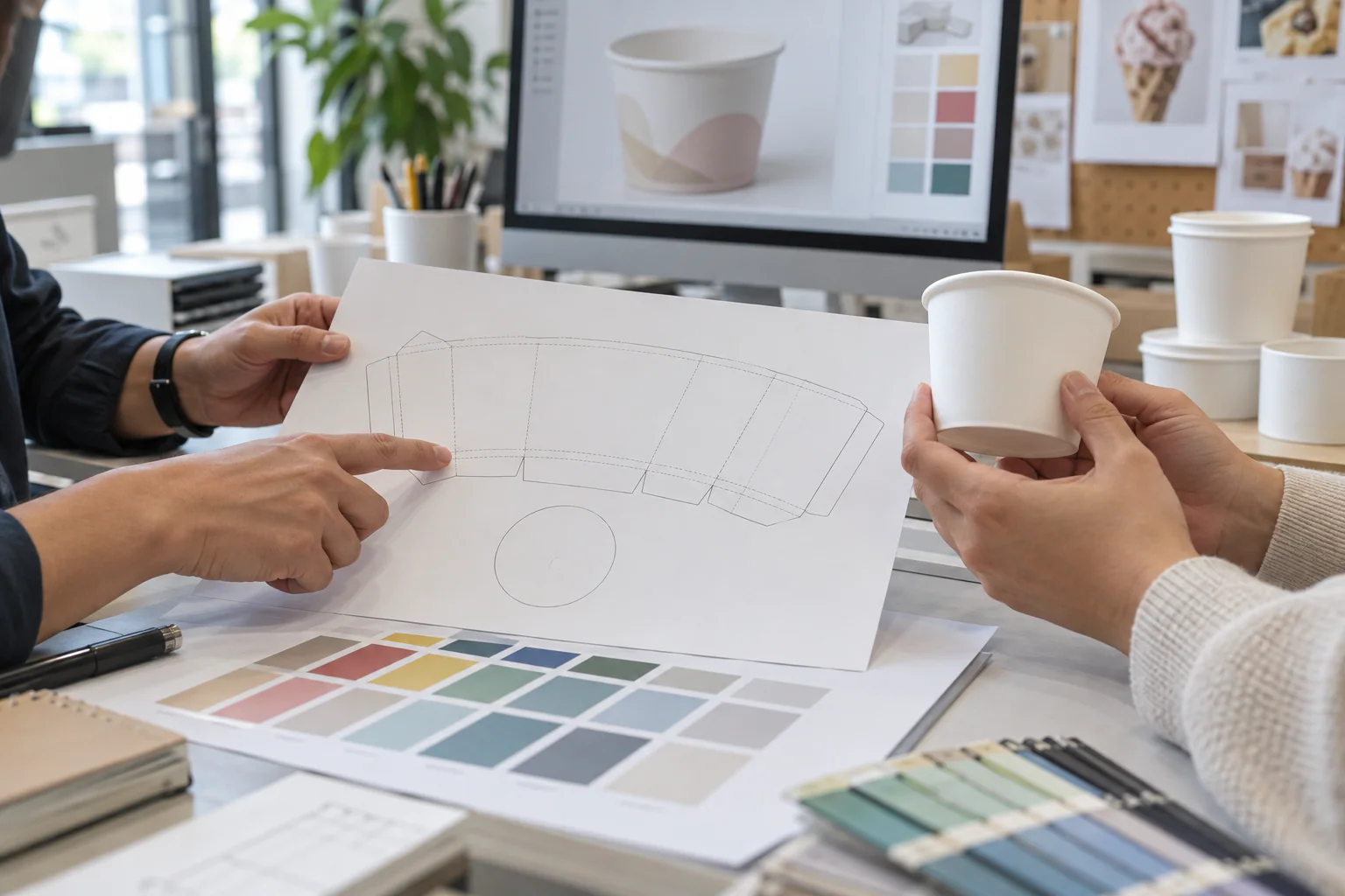 Packaging buyer reviewing an ice cream cup dieline and color artwork proof