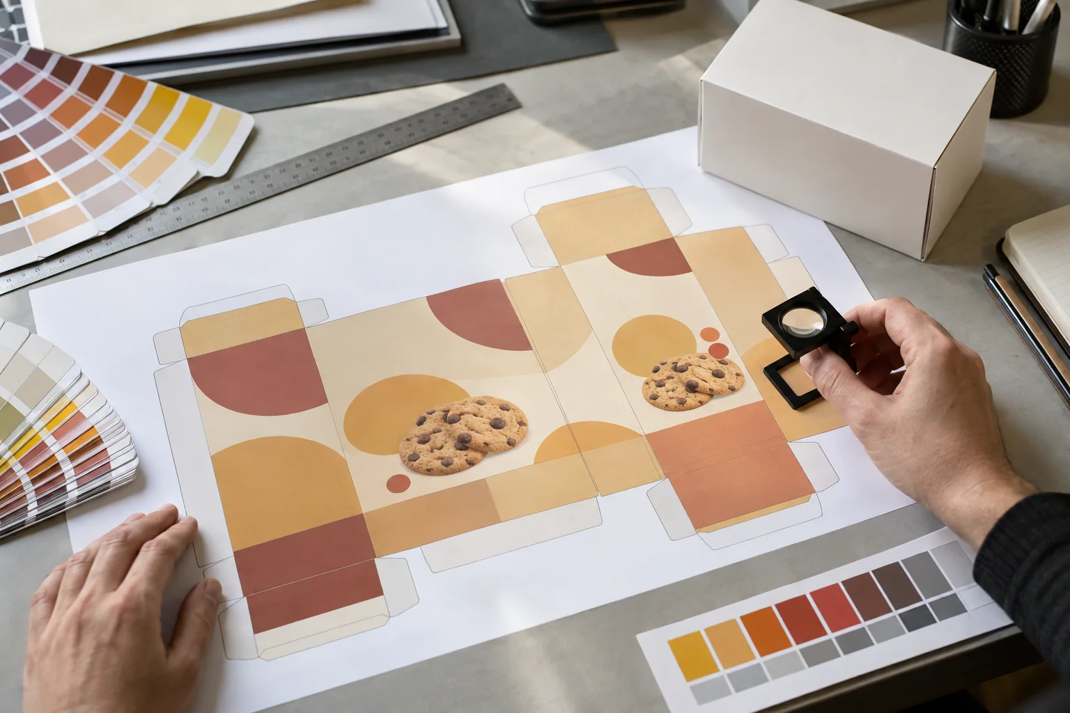 Cookie box dieline artwork proof and colour swatches