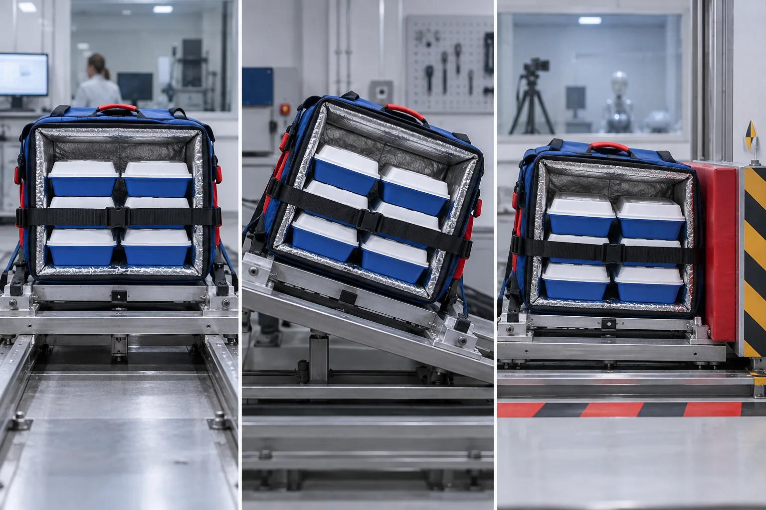 Blue compartment takeaway boxes in a delivery movement validation test