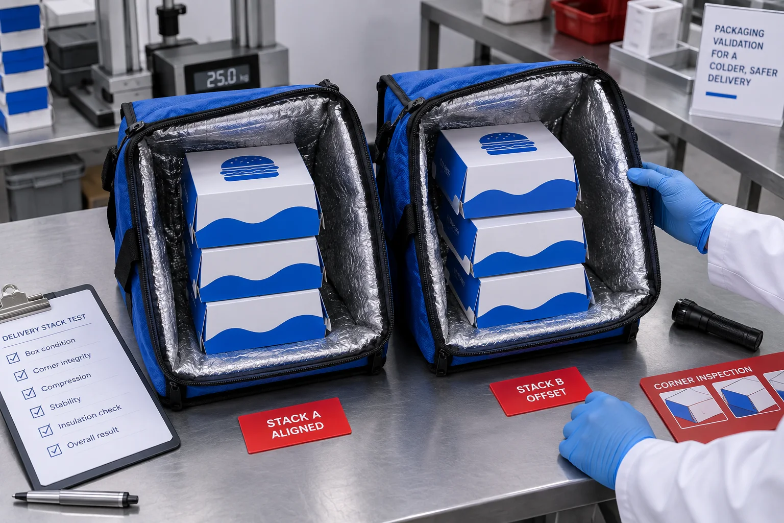 Blue branded burger boxes in an insulated delivery stack test