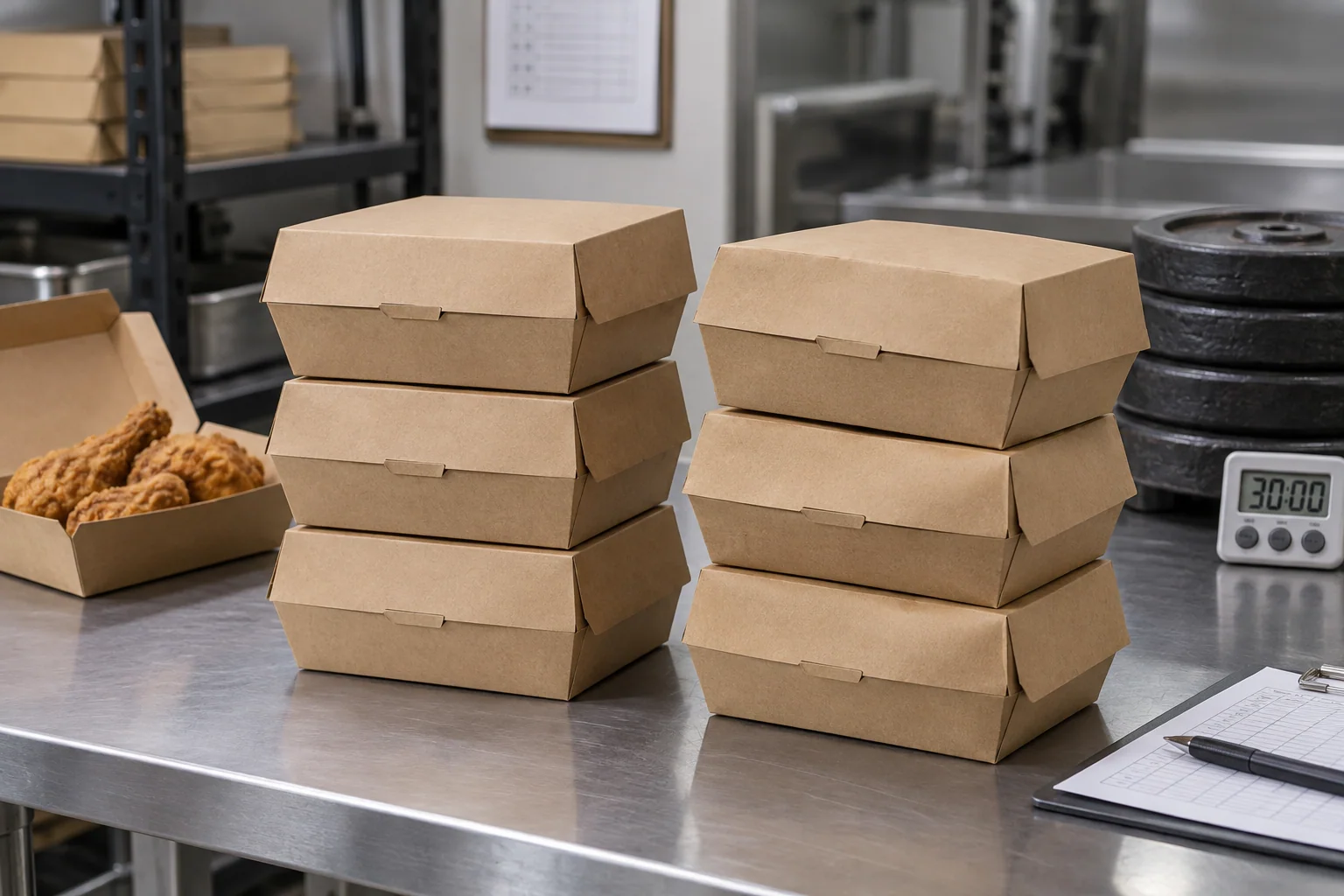 Hot filled fried chicken boxes in aligned and offset stack tests