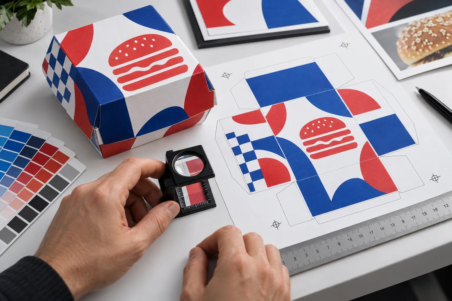 Custom burger box print proof dieline and colour inspection