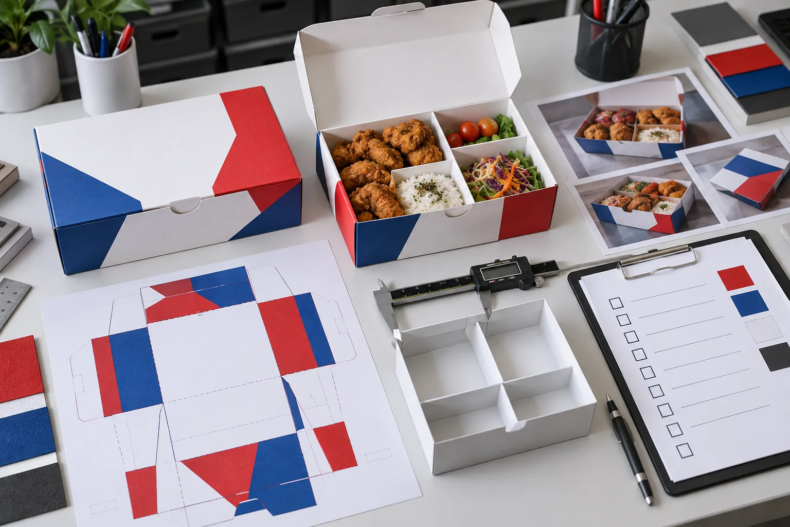 Compartment takeaway box sample approval with dieline and measurements