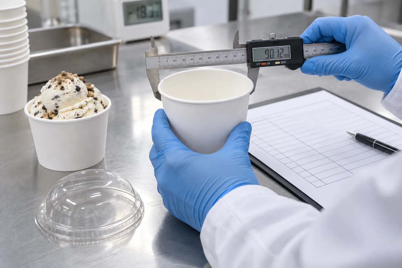 Buyer measuring and testing custom ice cream cups with lids before a bulk order