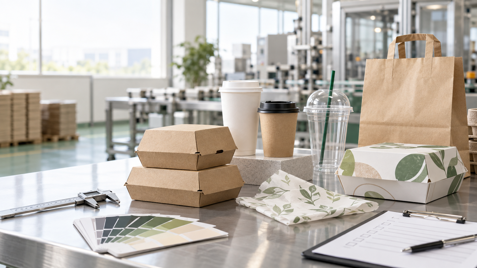 Custom paper cups, food boxes and takeaway packaging arranged for supplier quality inspection