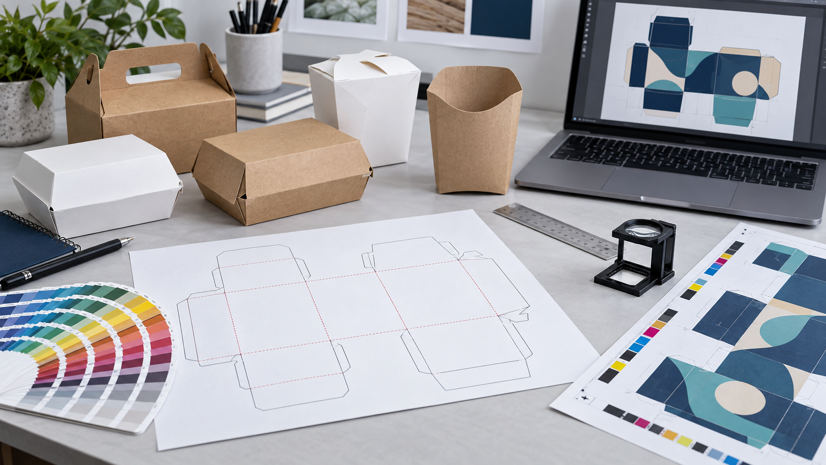Food packaging artwork approval workspace with dieline proofs folded boxes color swatches and inspection tools