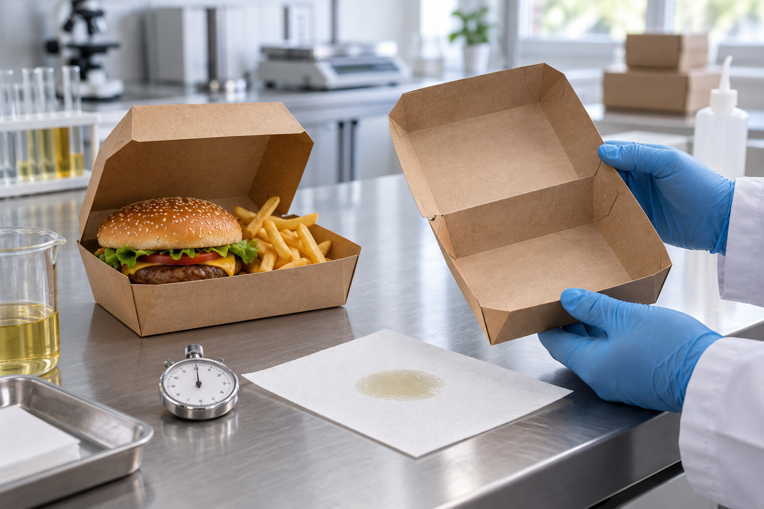 Buyer testing grease-resistant paper food boxes with hot takeaway food