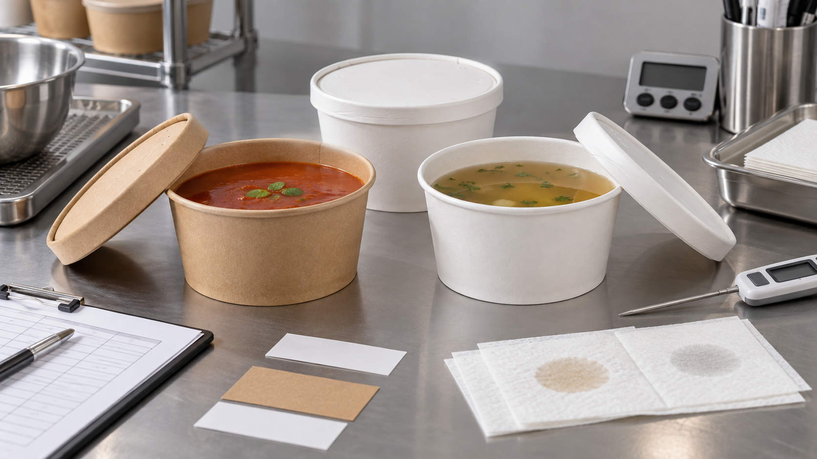 Paper soup bowl leak testing with hot soup samples lids timer thermometer and inspection sheets